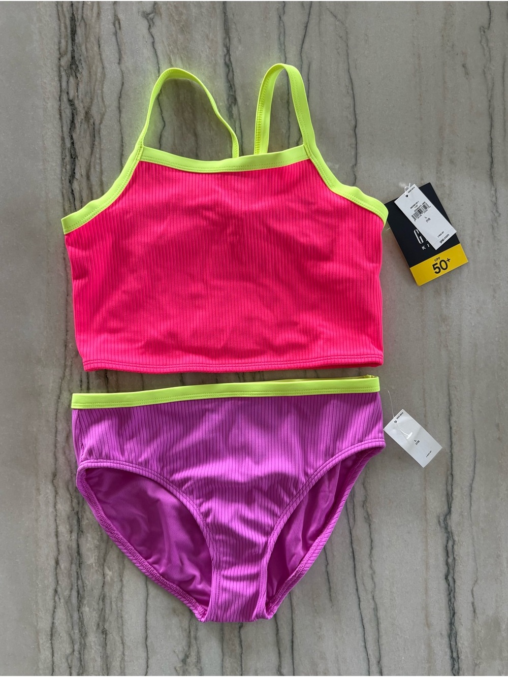 GAP Neon Pink & Purple Girls Two-Piece Swim Set with Lime Trim